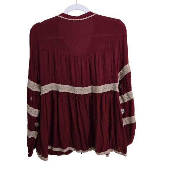 Free People Iris Cranberry Cream Crochet Wood Bead Detail Bohemian Top Size M - Picture 3 of 13